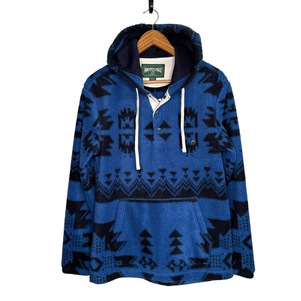 American Eagle Men's Hoodie XS Blue Sherpa Aztec Hood Kangaroo Henley Oversized